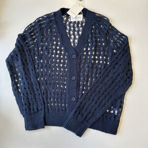 Elle Grey Womens Angora Crochet Cardigan Sz M/L Navy Boho Cottagecore Dainty NWT
